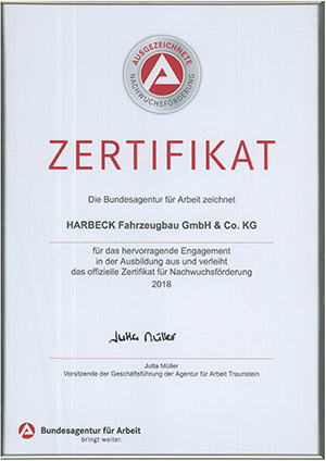 Harbeck Fahrzeugbau Zertifikat Nachwuchsförderung 2018